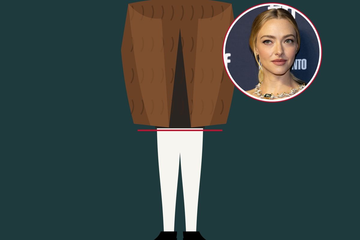 Illustrazione: gambe in collant bianchi coprenti e décolleté nere a punta sotto una lunga pelliccia marrone, su fondo verde petrolio scuro, con una foto di Amanda Seyfried nel cerchio