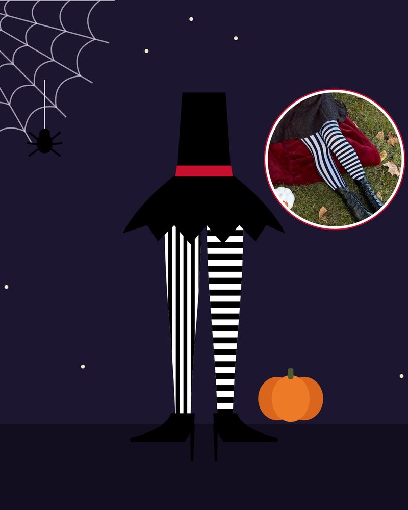 Illustration: at night, legs in mismatched black and white striped tights, one leg with vertical stripes and the other horizontal, with black pumps under a black witch's dress, next to a cobweb, a spider and a pumpkin, with a photo of Snag's Betelwitch striped tights