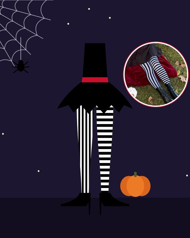 Illustration: at night, legs in mismatched black and white striped tights, one leg with vertical stripes and the other horizontal, with black pumps under a black witch's dress, next to a cobweb, a spider and a pumpkin, with a photo of Snag's Betelwitch striped tights