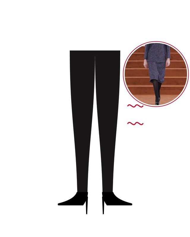 Illustration: legs in opaque black tights, three red wavy heat lines and black ankle boots, with a photo of black opaque tights with a tweed skirt at Jil Sander Fall/Winter 2026