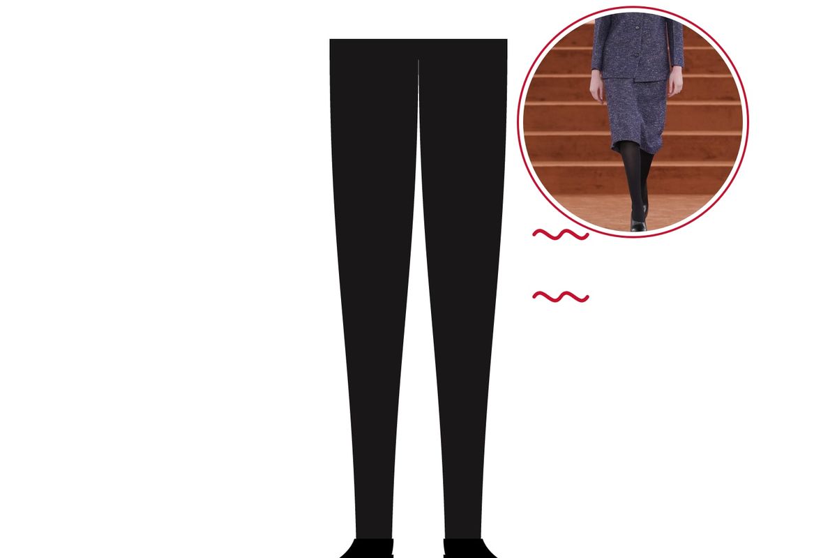 Illustration: legs in opaque black tights, three red wavy heat lines and black ankle boots, with a photo of black opaque tights with a tweed skirt at Jil Sander Fall/Winter 2026
