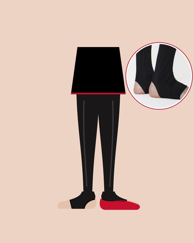 Illustration: legs in black stirrup tights, one bare foot showing the strap under the arch and one in a red ballet flat, under a black skirt, with a photo of Swedish Stockings' Lia stirrup tights