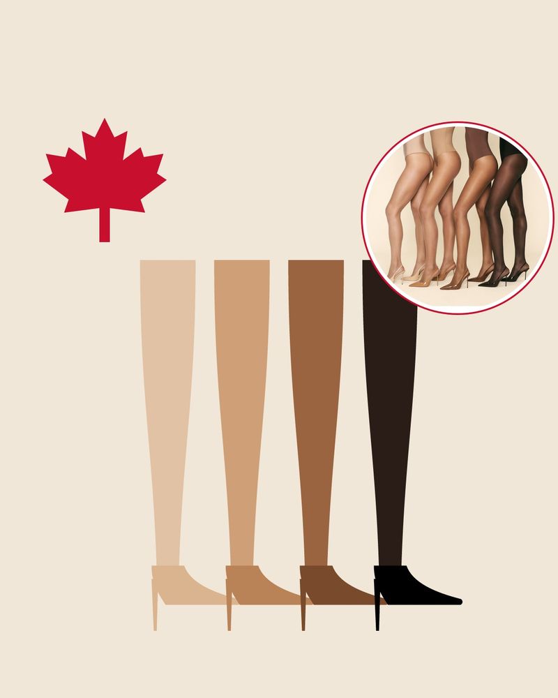 Illustrazione: quattro gambe in collant velati dal nudo al nero con décolleté slingback dello stesso tono e una foglia d'acero rossa, con la foto stampa dei collant Calzedonia nel cerchio