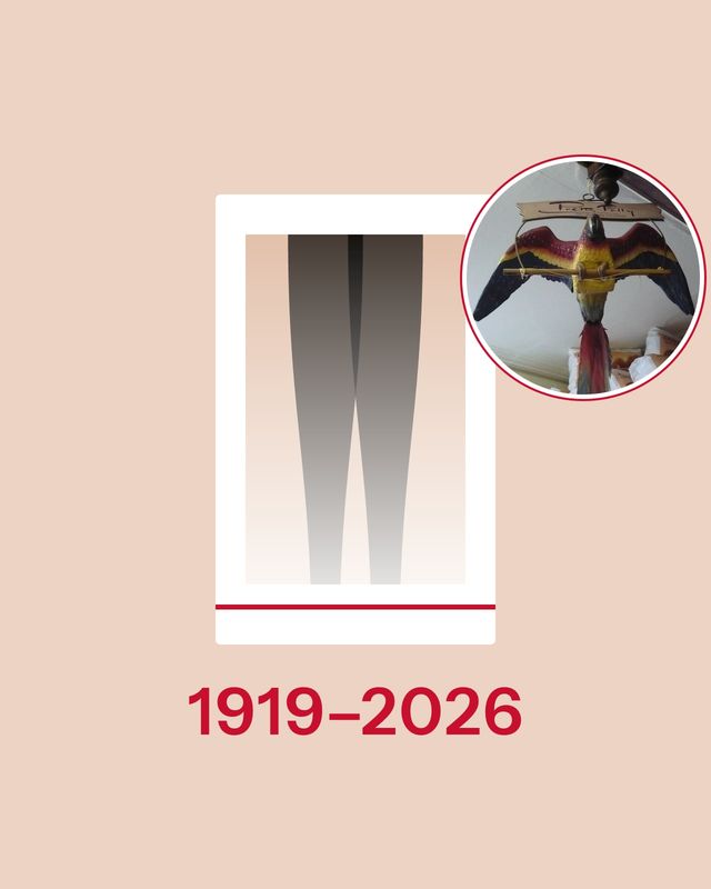 Illustration: a white tights packet with two legs in sheer black tights fading away, the dates 1919–2026 in red on a nude background, and in the circle an old Pretty Polly shop display with the parrot