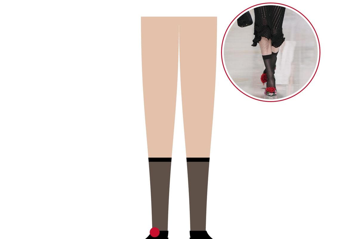 Illustration: sheer black knee-high socks with black sandals and a red rose