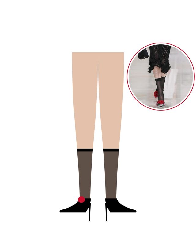 Illustration: sheer black knee-high socks with black sandals and a red rose