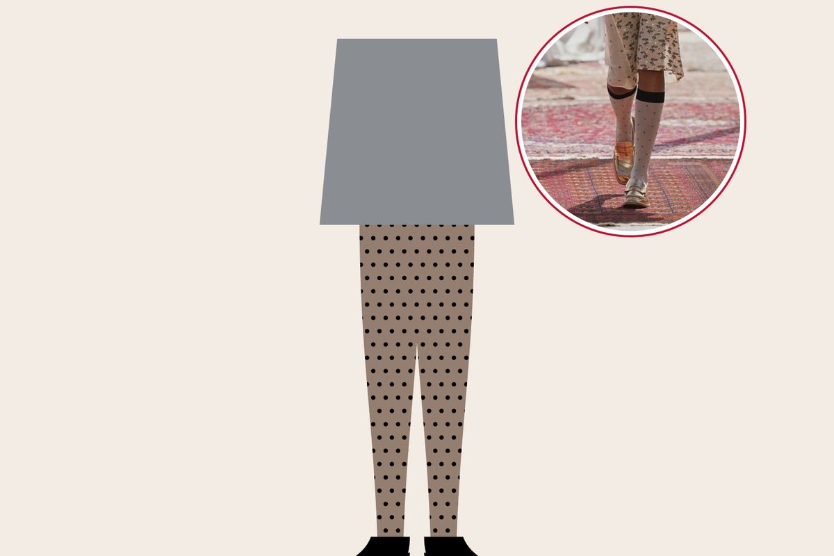 Illustration: legs in sheer black micro-dot tights and black pumps under a grey dress, with a runway photo of polka dot knee-highs