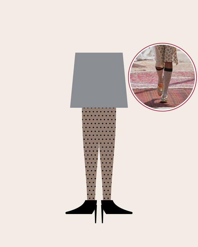 Illustration: legs in sheer black micro-dot tights and black pumps under a grey dress, with a runway photo of polka dot knee-highs