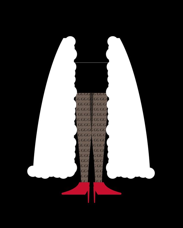 Illustration: legs in sheer black tights covered in a small double-G pattern, with red pointed pumps, between the open panels of a long white fur coat, on black