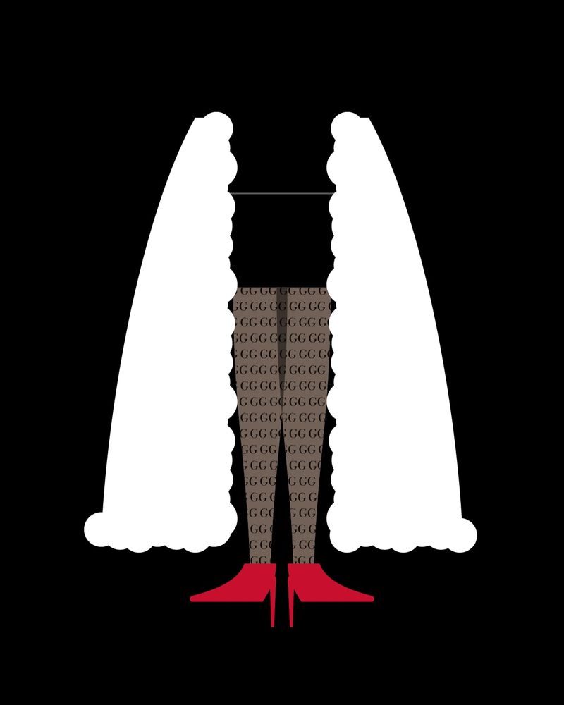 Illustration: legs in sheer black tights covered in a small double-G pattern, with red pointed pumps, between the open panels of a long white fur coat, on black