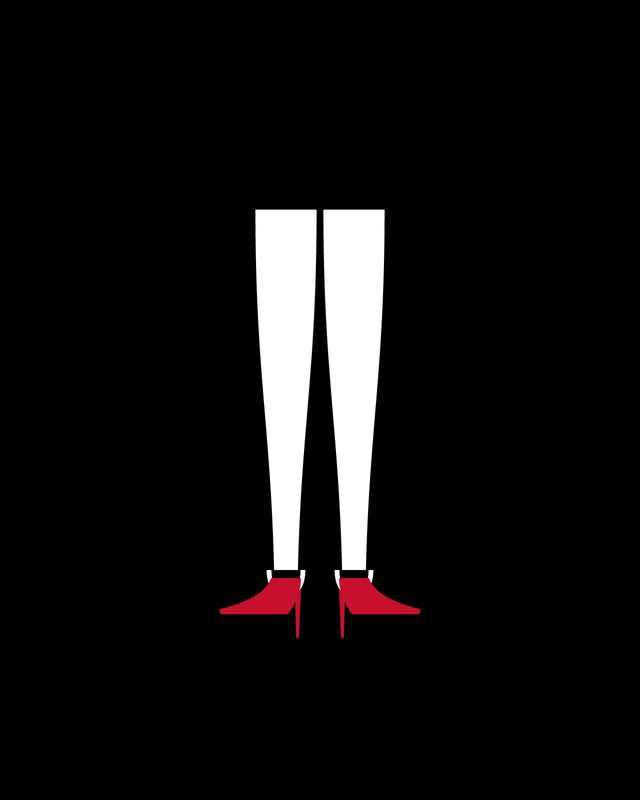 Illustration: white stirrup stockings and red pumps on black