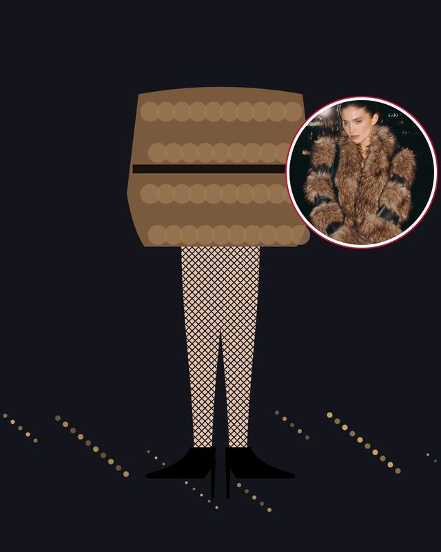 Illustration: legs in fine black fishnet tights and black pointed pumps under the hem of a brown faux-fur jacket, on a night background with city lights, with a photo of Kylie Jenner in the Roxy Jacket in the circle