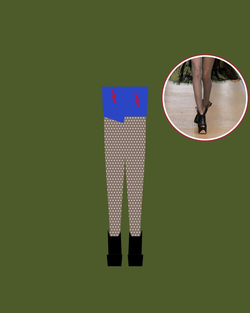 Illustration: crystal mesh tights, a blue swimsuit with red lightning bolts and black platform boots on green, with a photo of the runway look