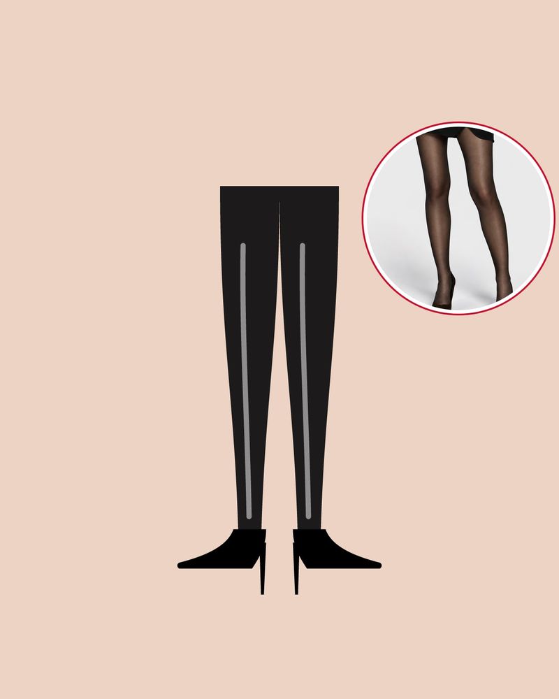 Illustration: legs in shiny semi-sheer black tights with a line of light along the shin and black pointed pumps, on a nude background, with a photo of Heist's Thirty-Five Satin tights in the circle
