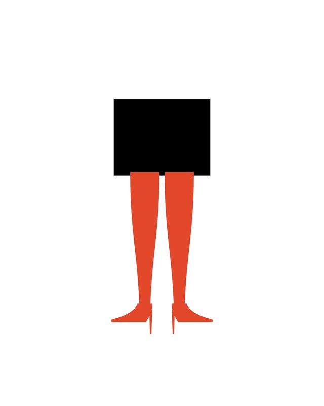 Illustration: red-orange tights with matching pumps and a black coat