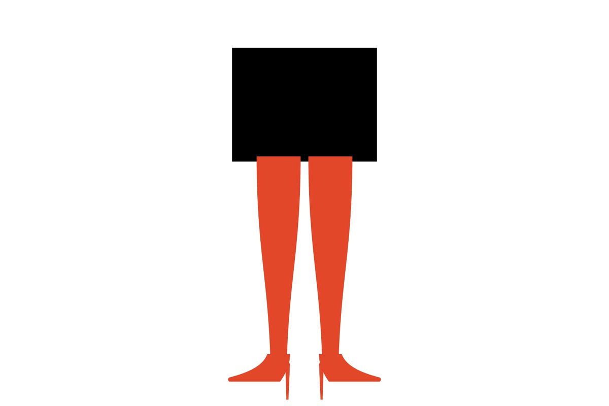 Illustration: red-orange tights with matching pumps and a black coat