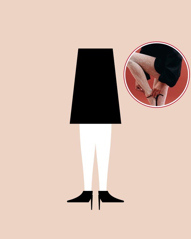 Illustration: two legs in white tights under a short black coat, with black pointed pumps, on a nude background, and a photo of ivory lace tights in the circle