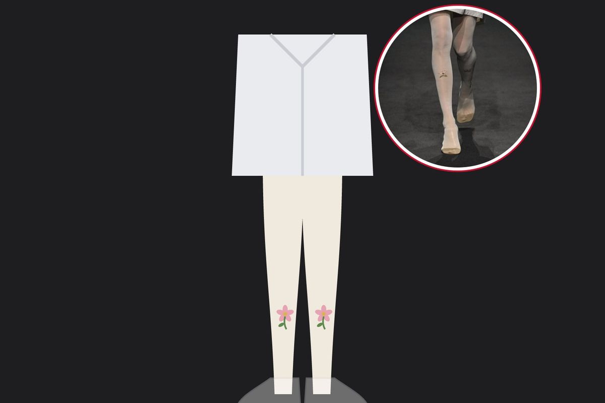 Illustration: legs in ivory tights with a pink flower embroidered on the shin and clear shoes, under a white shirt worn as a dress, on black, with a photo of the runway look