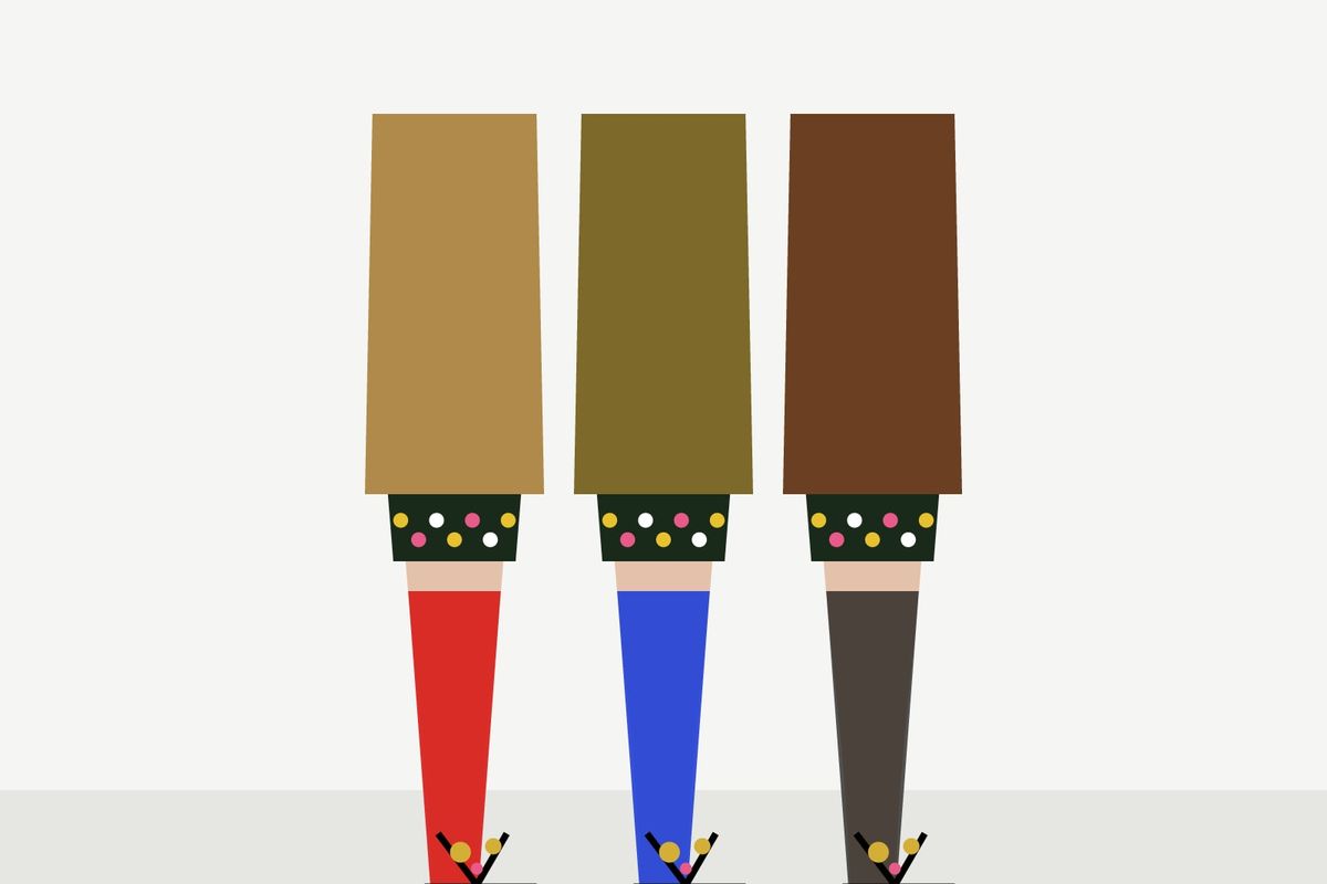 Illustration: three legs in red, cobalt blue and sheer black knee-highs with black thong sandals hung with gold charms, under a floral fabric, on a white background