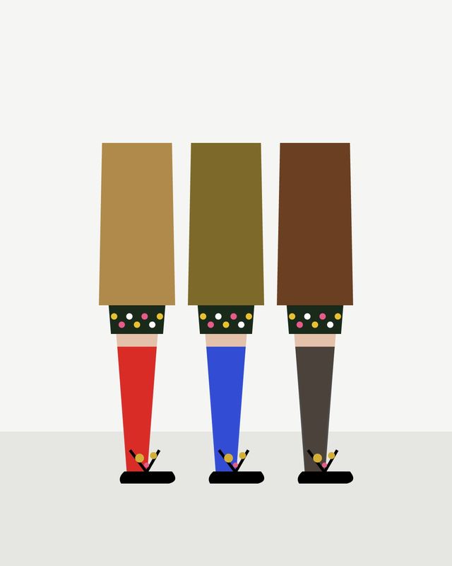 Illustration: three legs in red, cobalt blue and sheer black knee-highs with black thong sandals hung with gold charms, under a floral fabric, on a white background