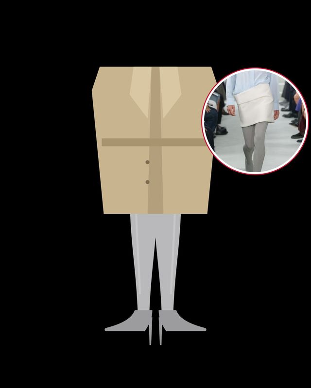 Illustration: legs in light grey opaque tights with pumps in the same grey under a beige trench coat, on black, with a grey Jil Sander spring/summer 2027 look in the circle