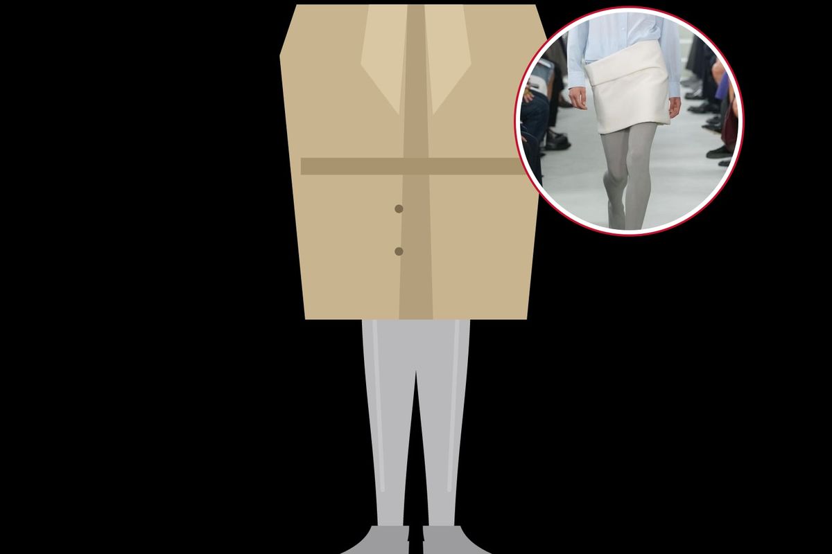 Illustration: legs in light grey opaque tights with pumps in the same grey under a beige trench coat, on black, with a grey Jil Sander spring/summer 2027 look in the circle