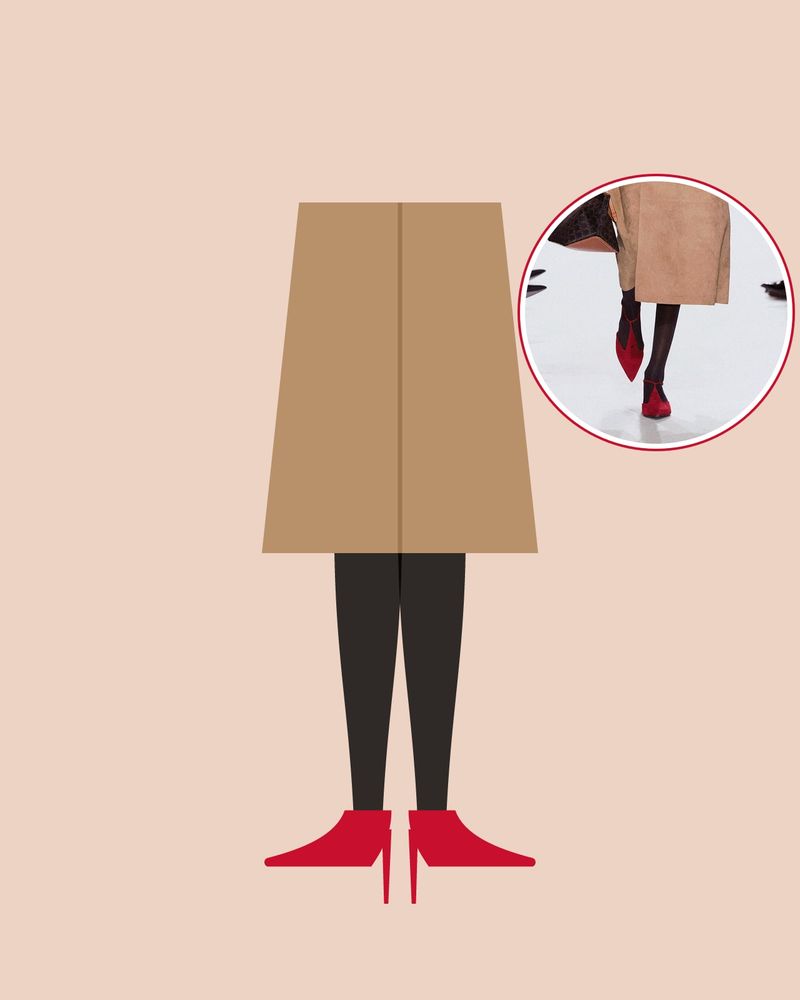 Illustration: legs in sheer black tights with pointed red pumps under a camel coat, with a photo of the runway look