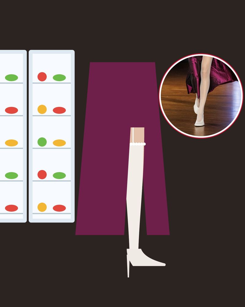 Illustration: a leg in a white lace-top stocking coming out of the slit of a plum skirt, next to fridges full of fruit, with a photo of the runway look