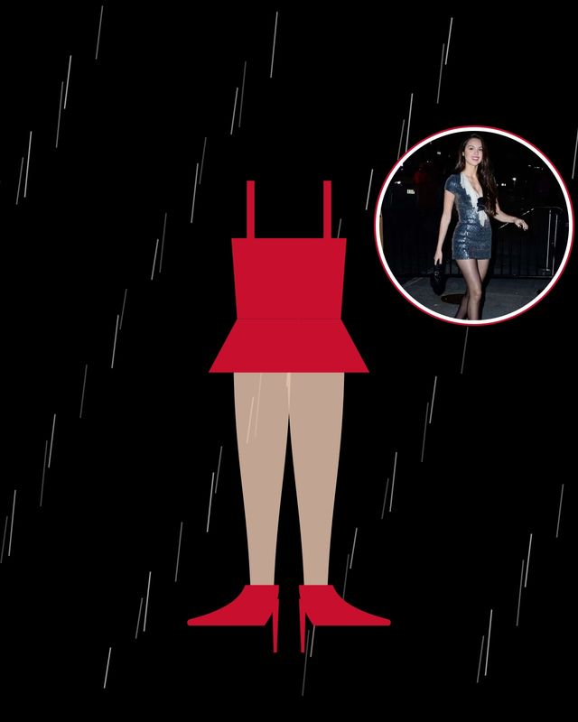 Illustration: red minidress in the rain, legs in barely-there tights, with a photo of Olivia Rodrigo in sheer tights