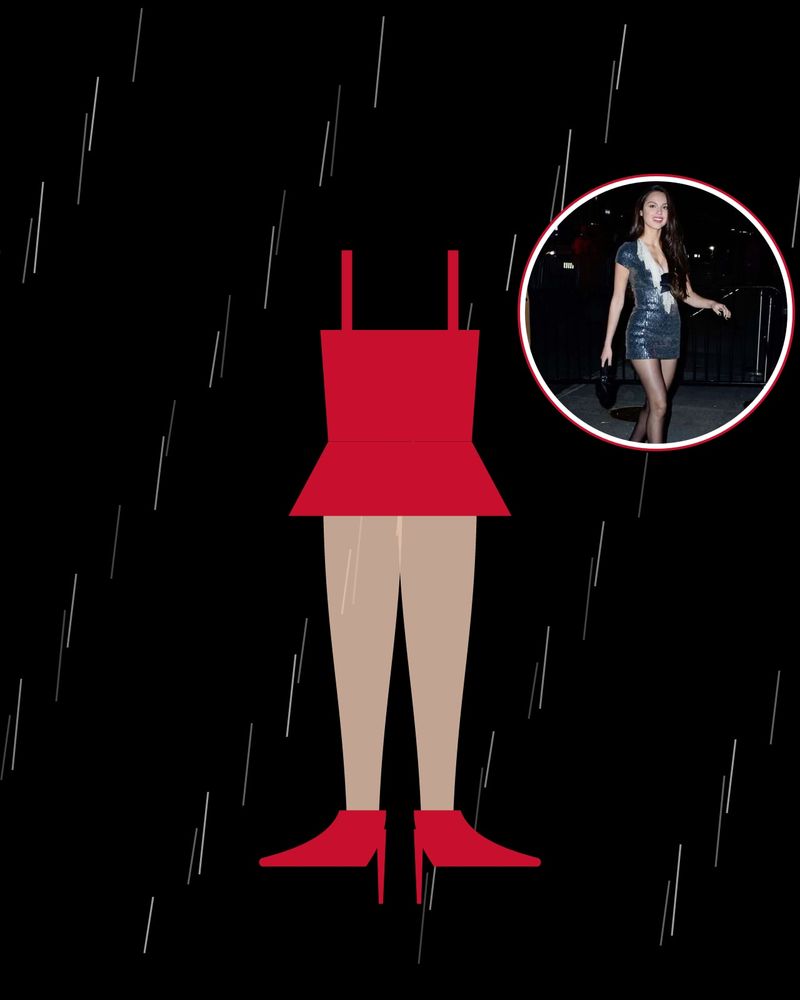 Illustration: red minidress in the rain, legs in barely-there tights, with a photo of Olivia Rodrigo in sheer tights
