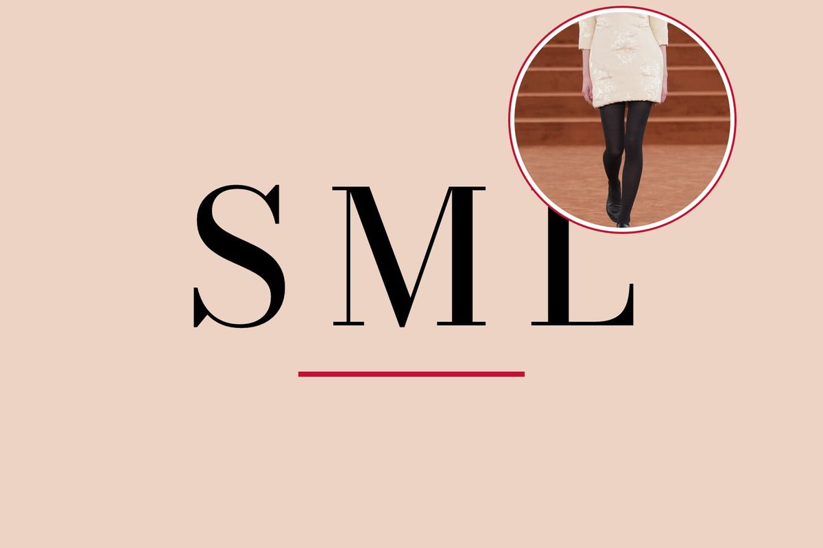 The letters S, M and L in italics on a nude background with a red line, with a photo of black opaque tights at Jil Sander Fall/Winter 2026
