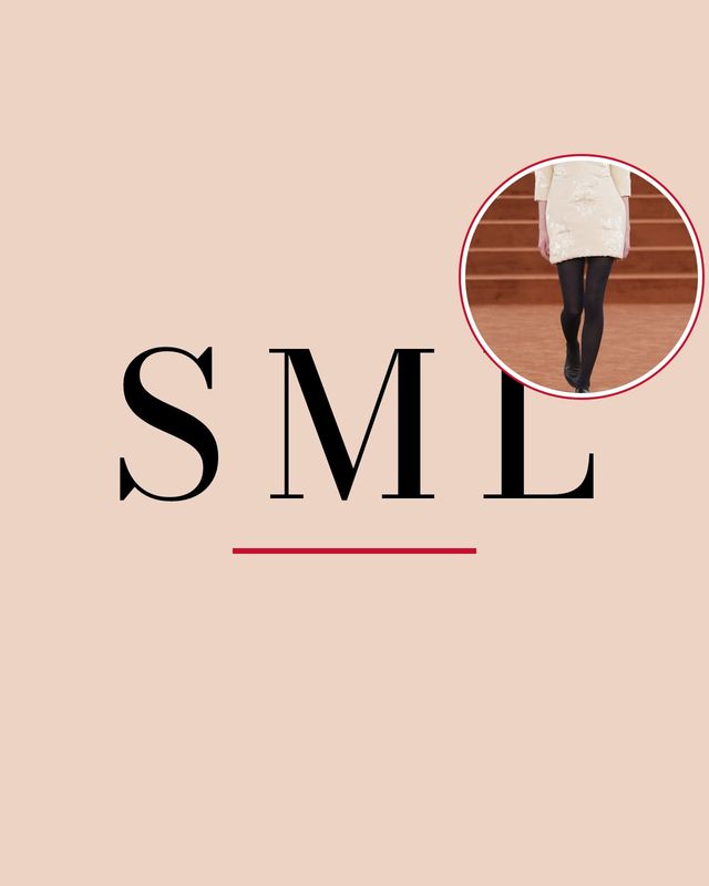 The letters S, M and L in italics on a nude background with a red line, with a photo of black opaque tights at Jil Sander Fall/Winter 2026