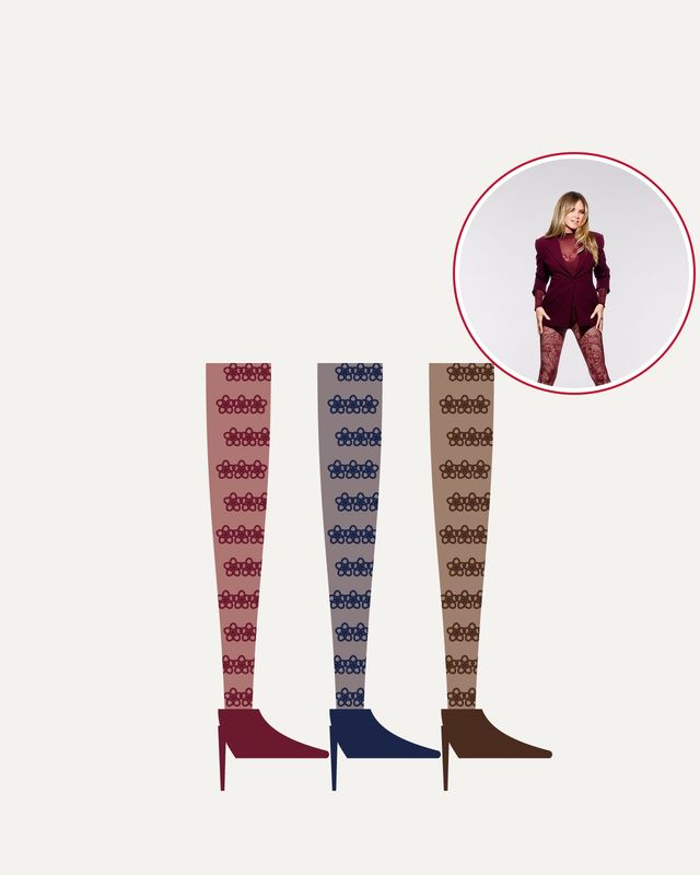Illustration: three legs in burgundy, navy and chocolate floral lace tights with matching heels, with a photo of Heidi Klum in the burgundy look from the Calzedonia campaign
