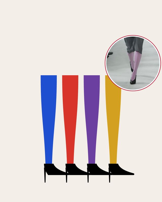 Illustration: four legs in cobalt, tomato red, purple and mustard tights with black pumps, with a runway photo of lilac tights