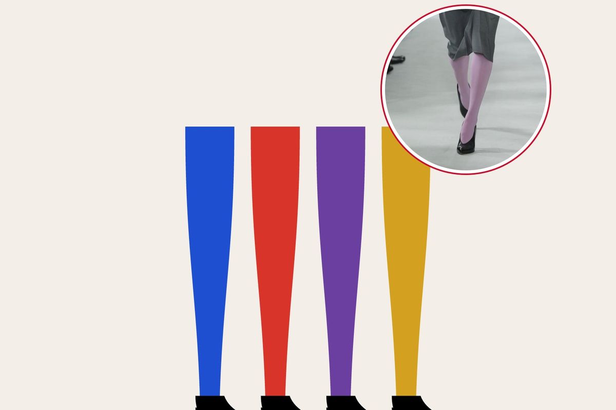 Illustration: four legs in cobalt, tomato red, purple and mustard tights with black pumps, with a runway photo of lilac tights