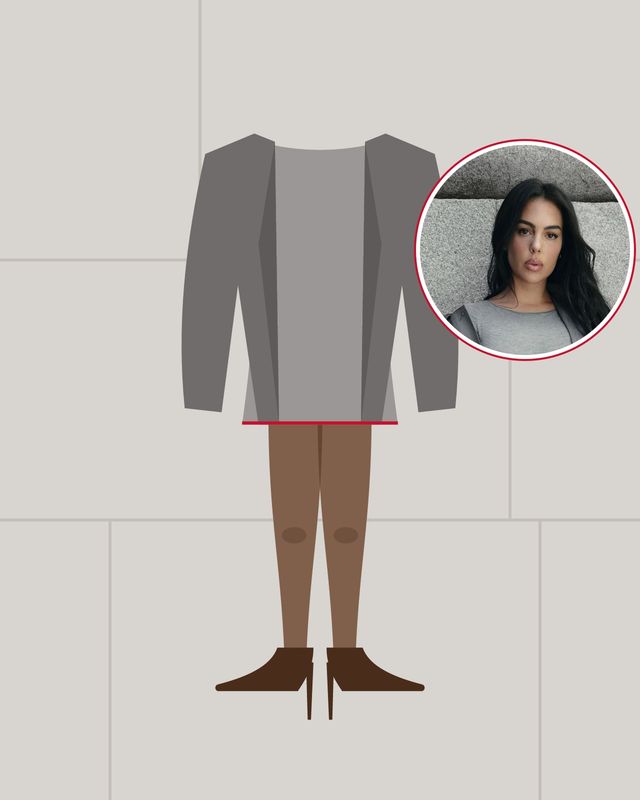 Illustration: legs in sheer brown tights and pointed brown pumps under a grey mini dress and a loose grey jacket, against a stone wall, with a photo of Georgina Rodríguez in the circle