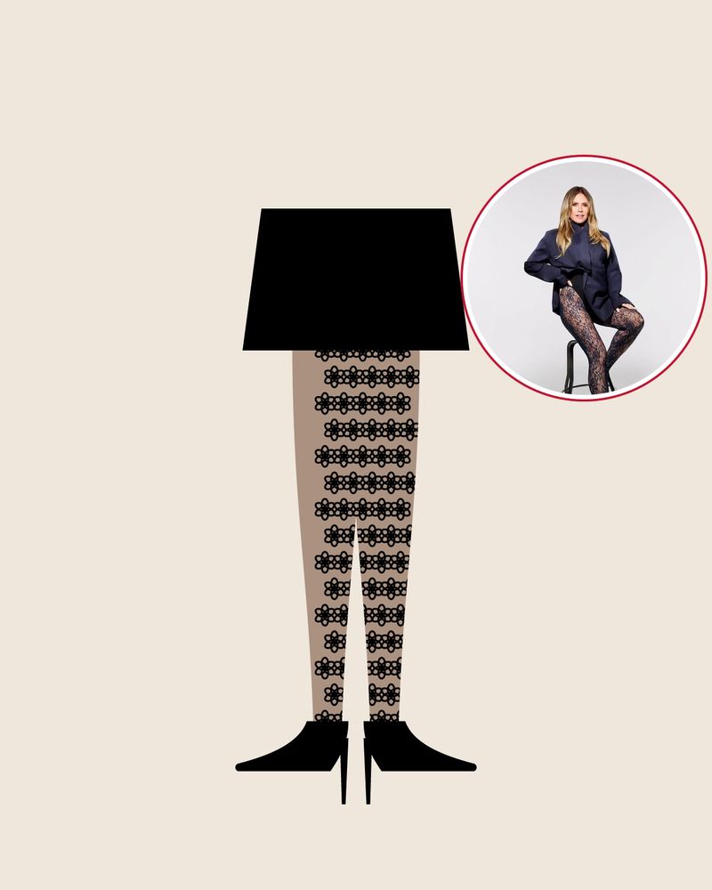 Illustration: legs in black floral lace tights with black pumps under a black skirt, with a photo of Heidi Klum in navy lace tights