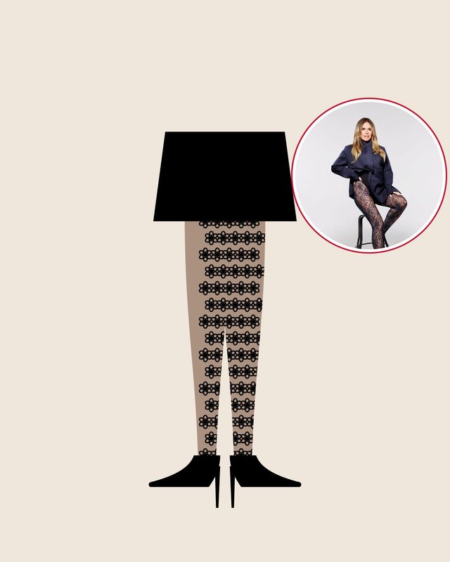 Illustration: legs in black floral lace tights with black pumps under a black skirt, with a photo of Heidi Klum in navy lace tights