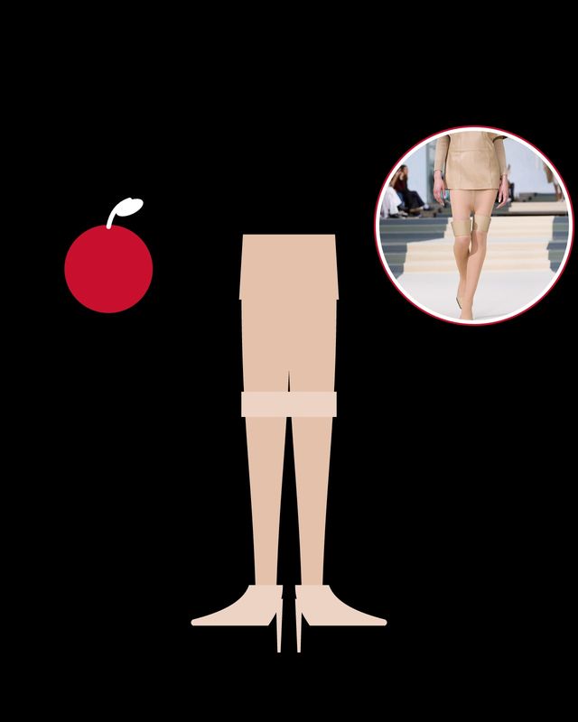 Illustration: legs in skin-toned tights worn as trousers, with two bands on the thighs, and a red apple, with a runway photo of tights and a leather cuff