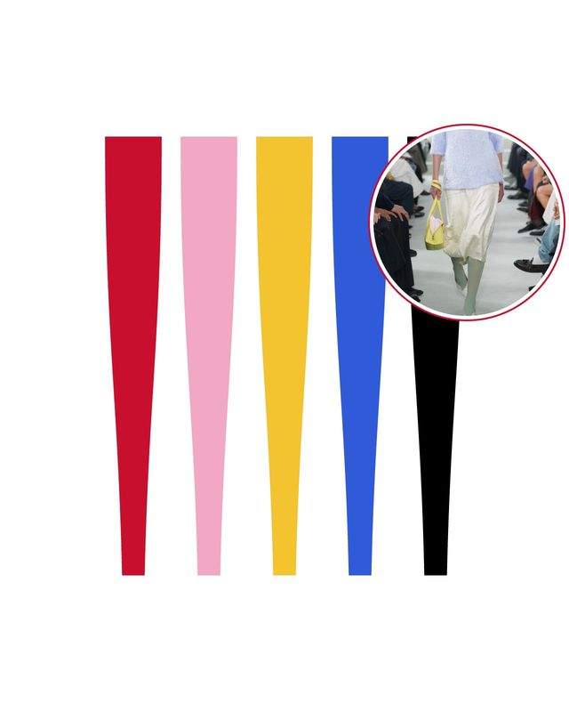 Illustrazione: gambe con collant rossi, rosa, gialli, blu e neri, con la foto dei collant verde salvia di Jil Sander primavera/estate 2027