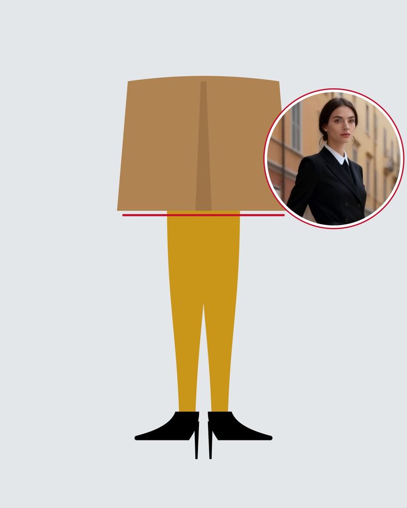 Illustration: legs in opaque mustard tights and black pumps under the hem of a camel coat, on a grey background, with a photo of Ava, the AI-generated model, in the circle
