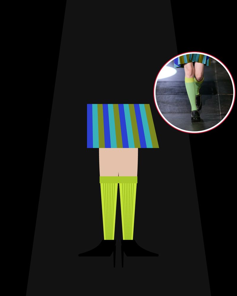Illustration: ribbed lime knee socks under a striped pleated skirt on a dark runway with a beam of light, with a photo of the runway look