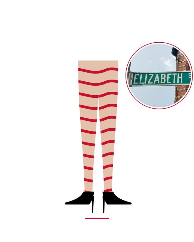 Illustrazione: gambe color pelle con righe tigrate rosse e décolleté nere, con la foto del cartello stradale di Elizabeth Street a Nolita