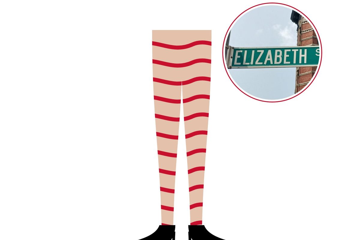 Illustrazione: gambe color pelle con righe tigrate rosse e décolleté nere, con la foto del cartello stradale di Elizabeth Street a Nolita