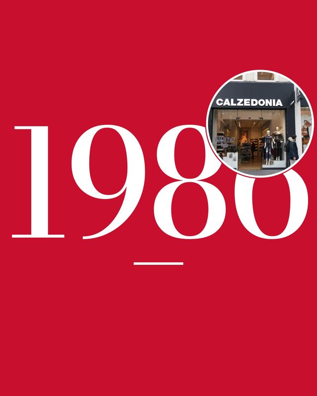 The number 1986 on a red background, with a photo of the Calzedonia store on Oxford Street, London