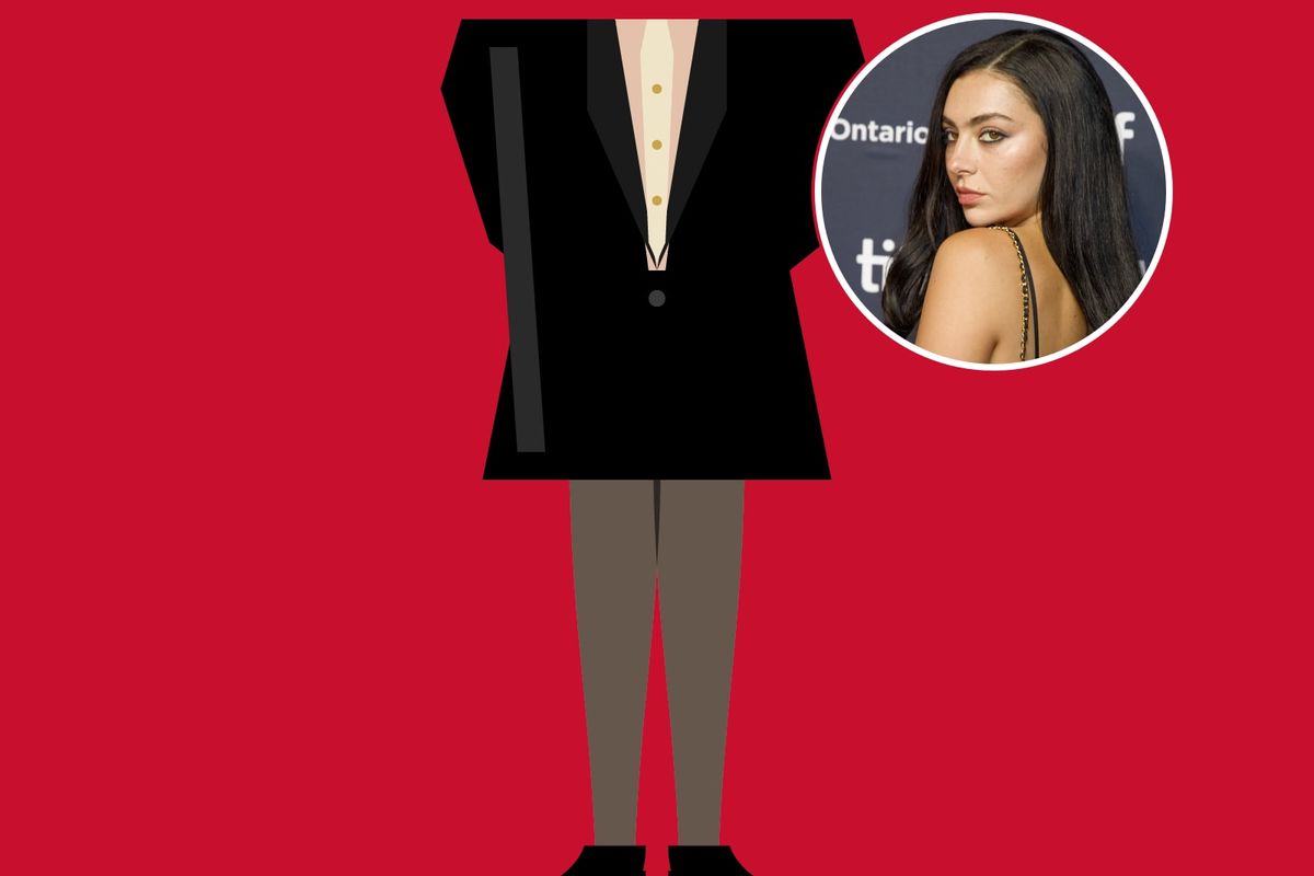 Illustration: legs in sheer black tights and black pointed pumps under the hem of a black leather blazer, with a cream tie, on red, with a photo of Charli XCX in the circle