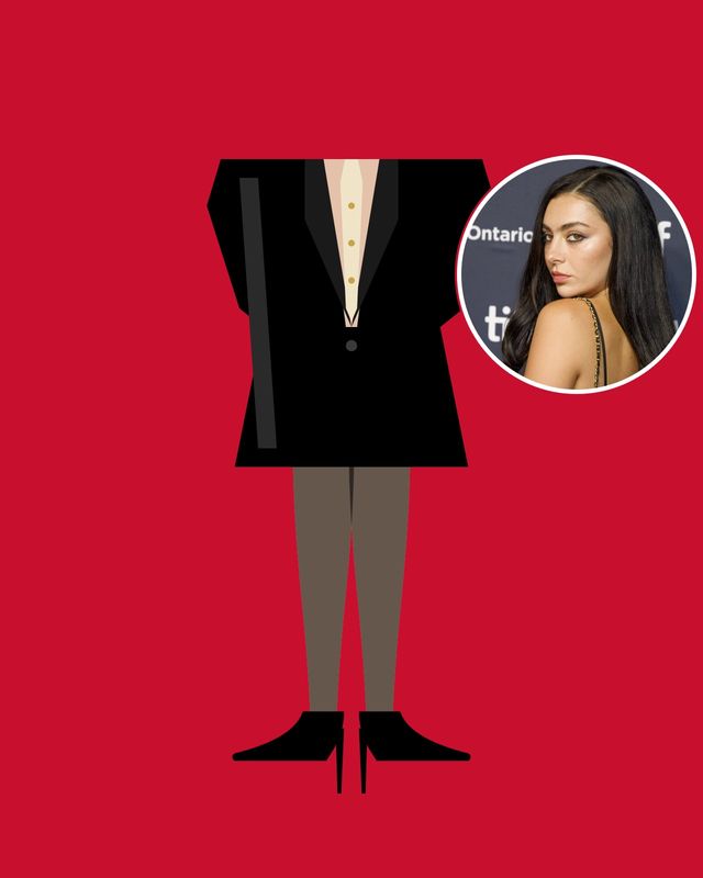 Illustration: legs in sheer black tights and black pointed pumps under the hem of a black leather blazer, with a cream tie, on red, with a photo of Charli XCX in the circle