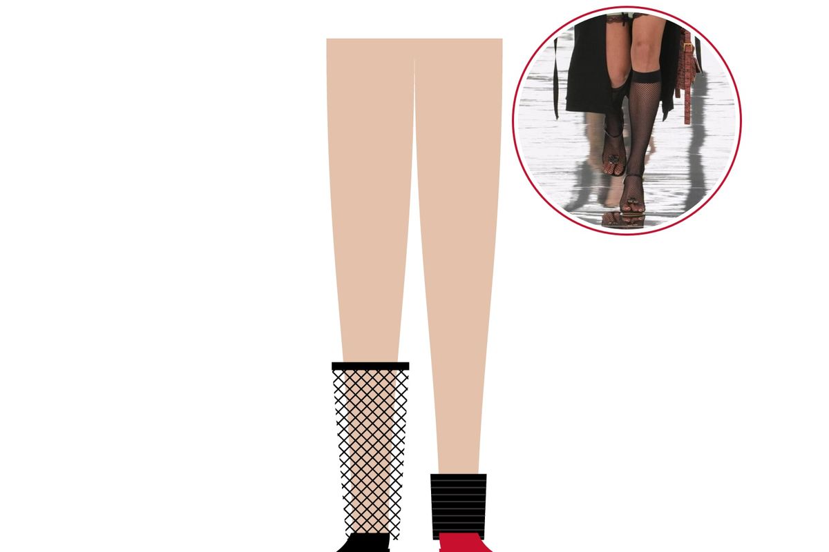 Illustration: one leg in a fishnet knee sock with a black pump, one in a ribbed black sock with a red pump