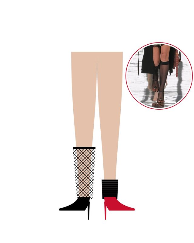 Illustration: one leg in a fishnet knee sock with a black pump, one in a ribbed black sock with a red pump