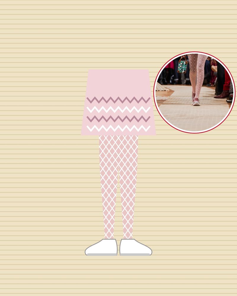 Illustration: legs in pale pink diamond openwork tights and white sneakers under a zigzag knit skirt, on straw mats, with a photo of the runway look